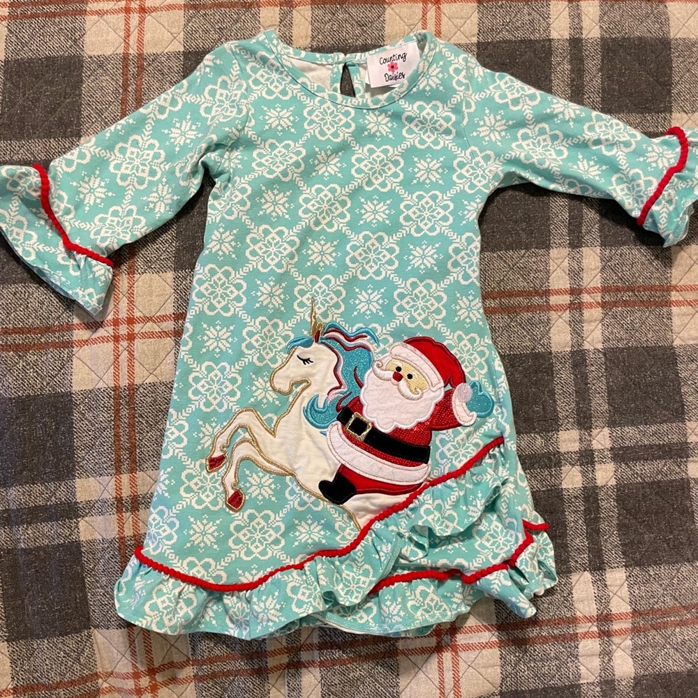 Counting Daisies Santa Unicorn Dress Size 4 EUC
